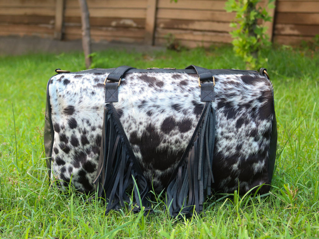 Duffel Bag with Fringe Tassels – Speckled Black and White Print