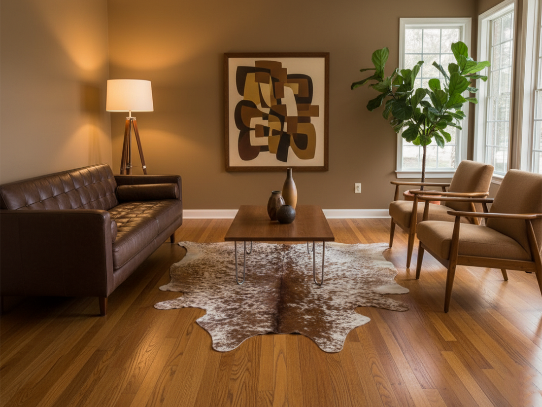 Salt and Pepper Print Cowhide Rug in Beige and White Color