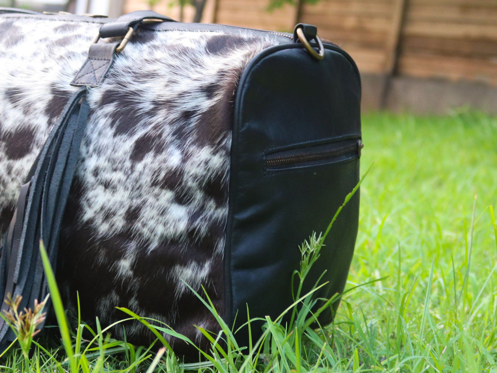 Duffel Bag with Fringe Tassels – Speckled Black and White Print