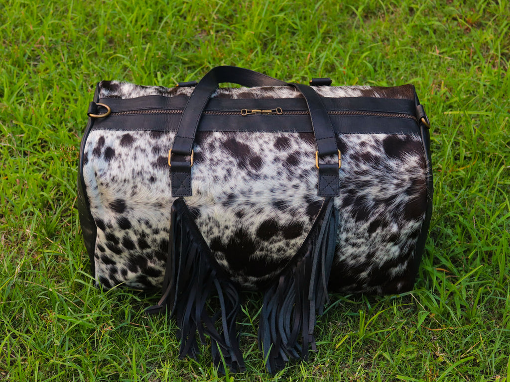 Duffel Bag with Fringe Tassels – Speckled Black and White Print