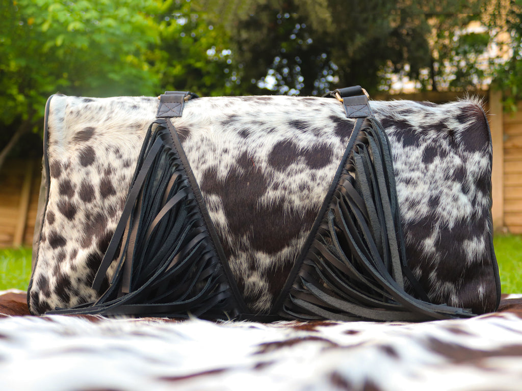 Duffel Bag with Fringe Tassels – Speckled Black and White Print
