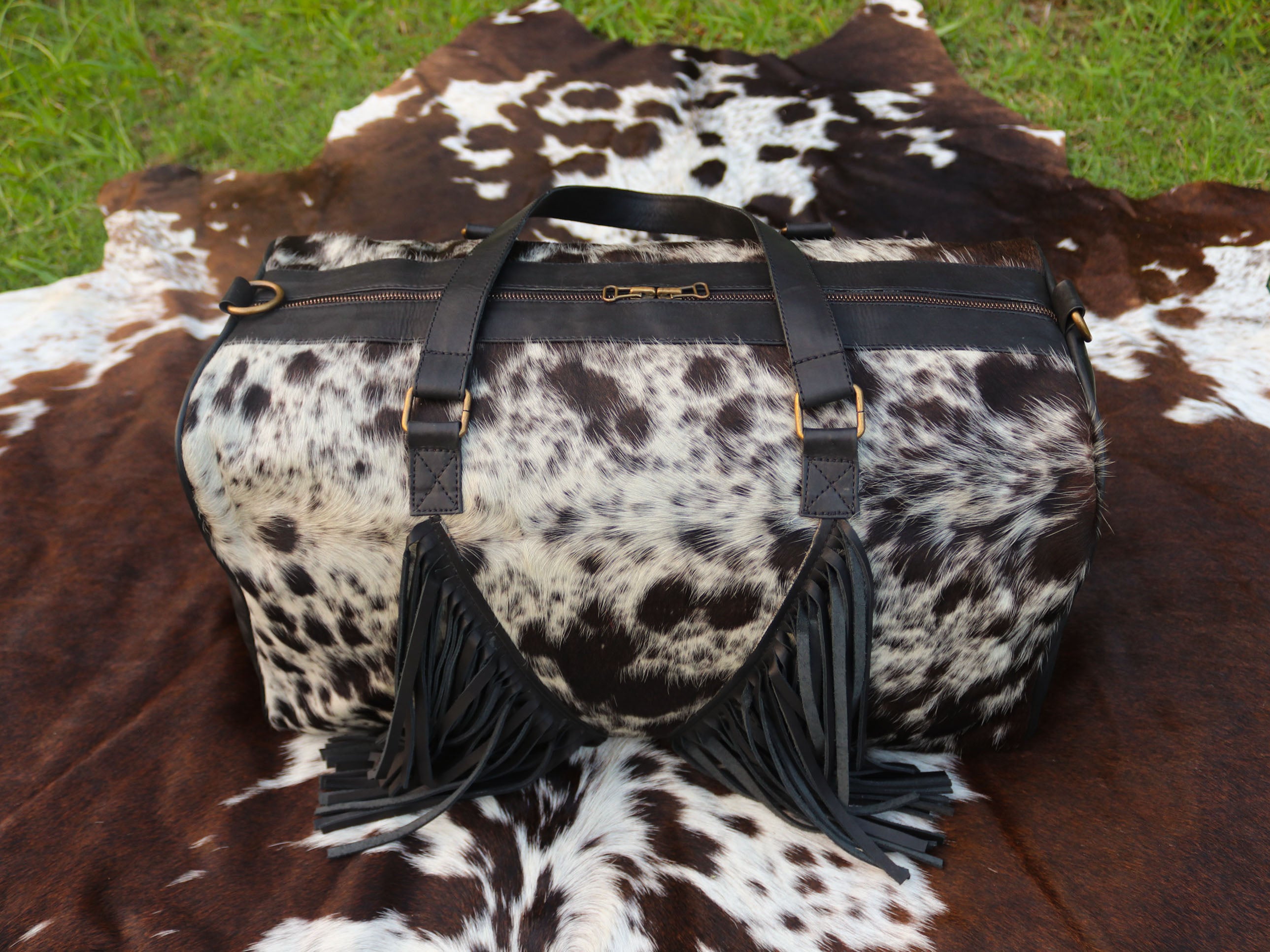 Duffel Bag with Fringe Tassels – Speckled Black and White Print