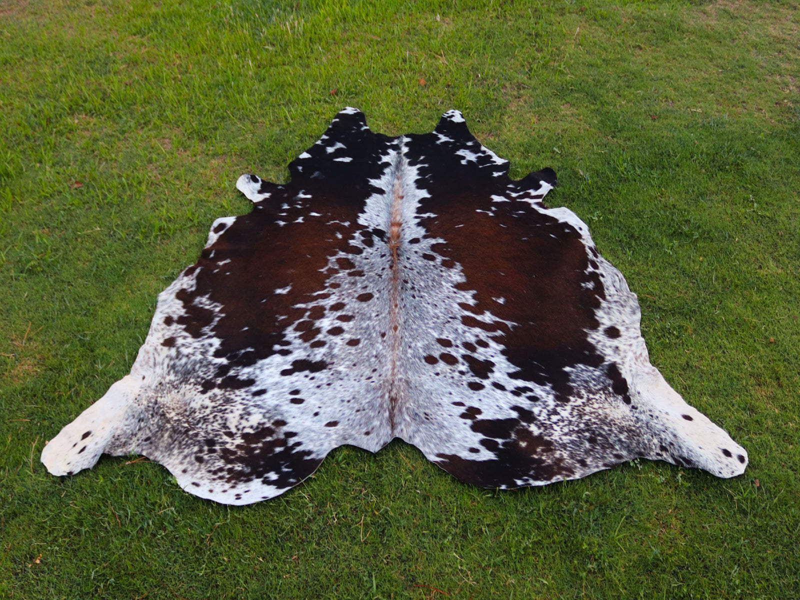 Reddish Brown and White Tricolor Speckled Cowhide Rug