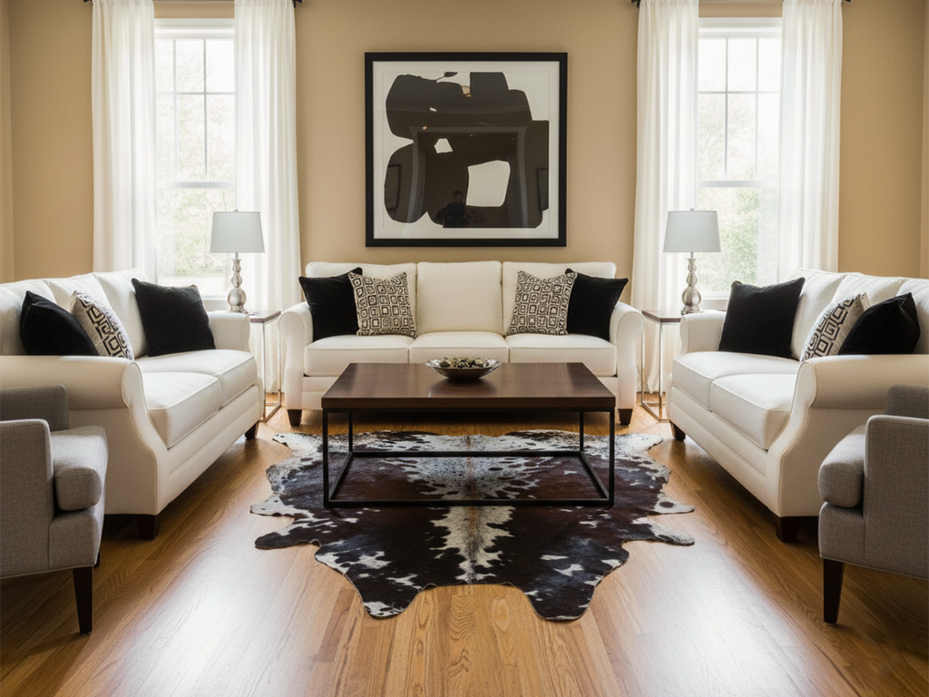 Reddish Brown and White Tricolor Speckled Cowhide Rug