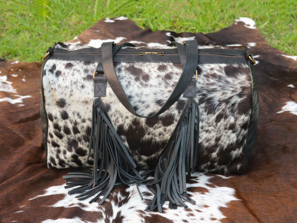 Duffel Bag with Fringe Tassels – Speckled Black and White Print