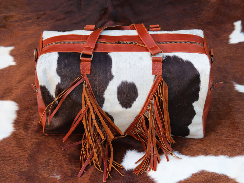 Duffel Bag with Fringe Tassels – Chocolate Brown and White