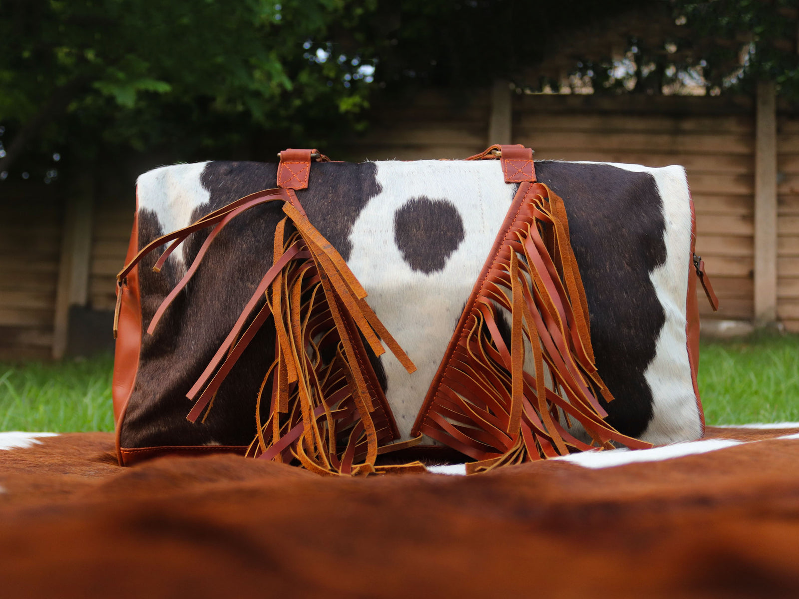 Duffel Bag with Fringe Tassels – Chocolate Brown and White