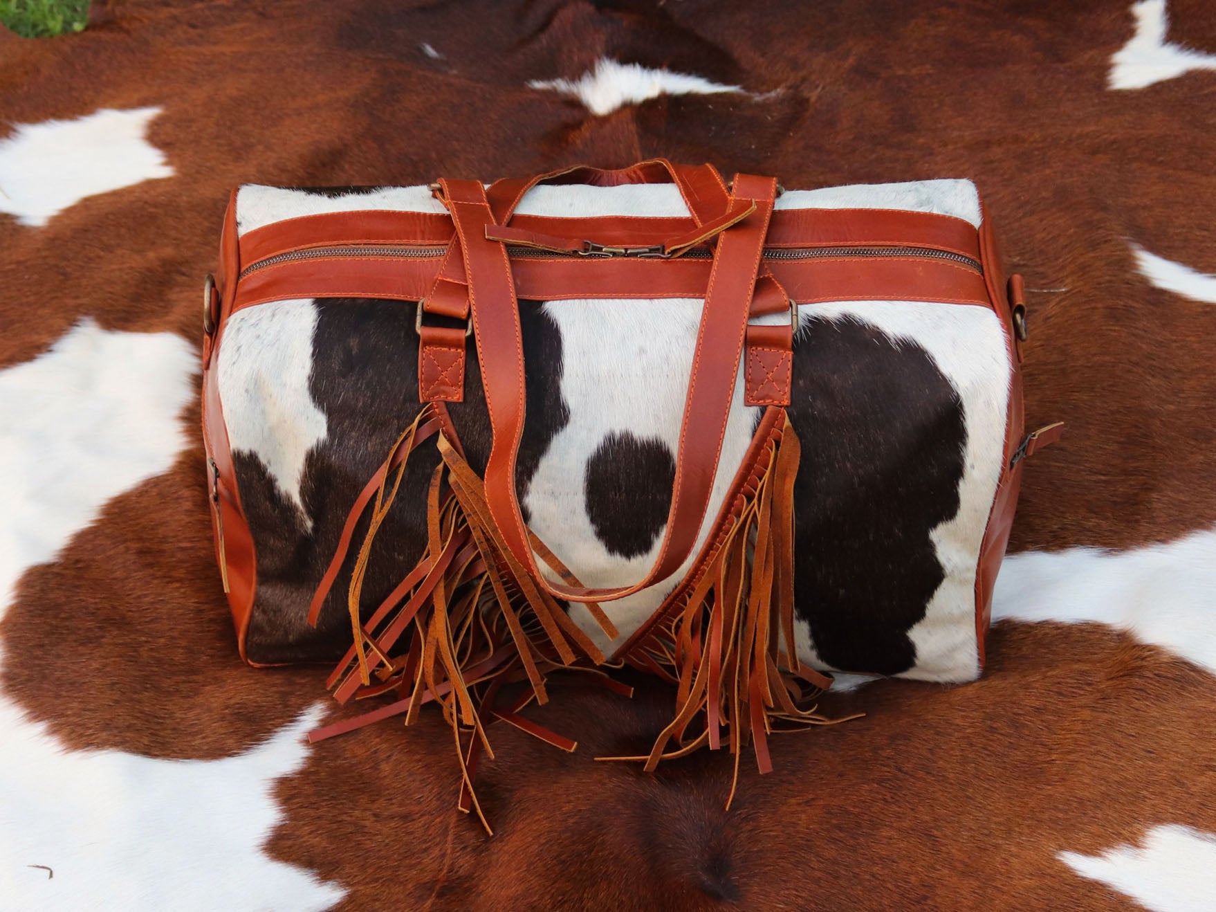 Duffel Bag with Fringe Tassels – Chocolate Brown and White