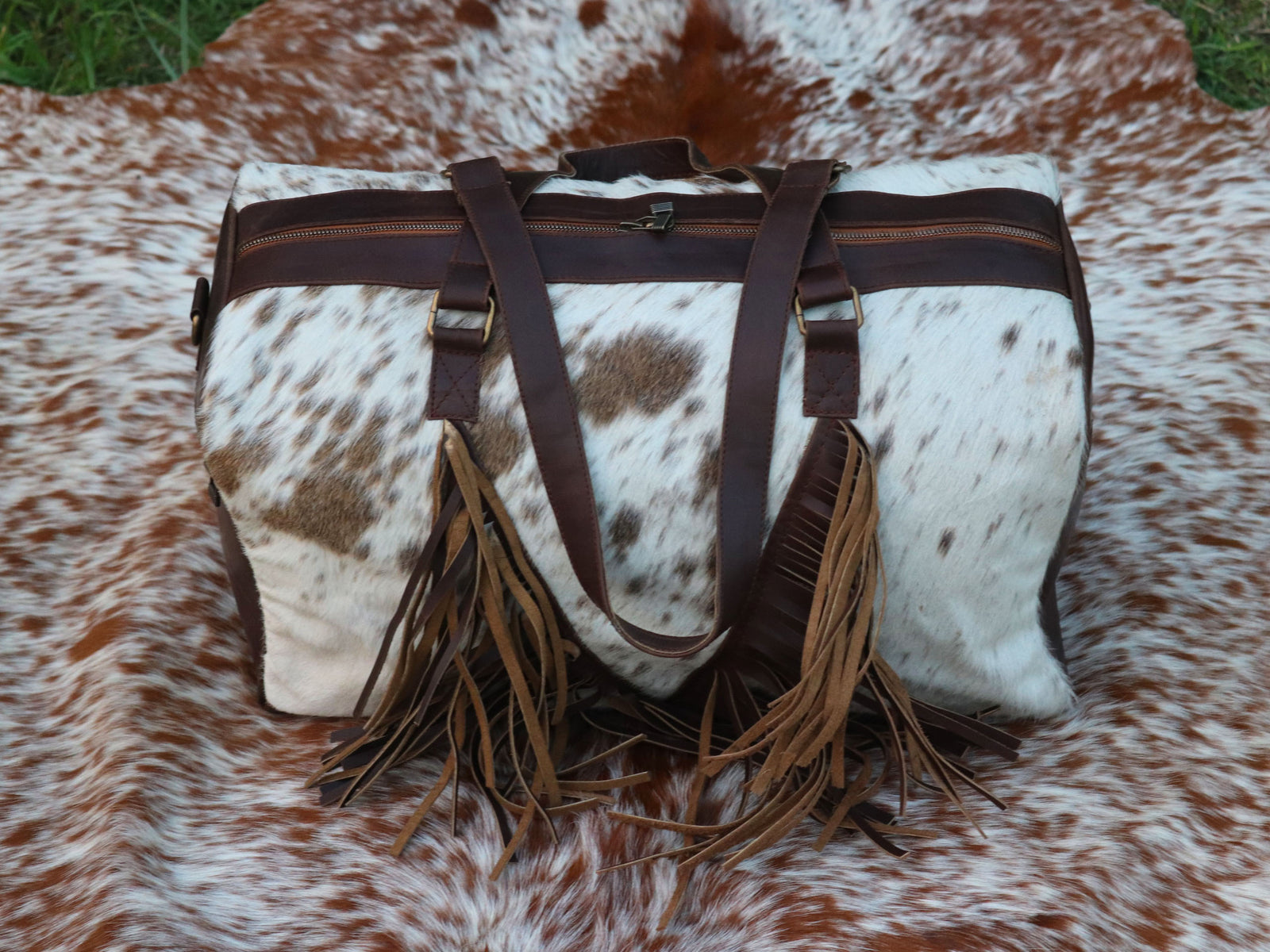 Duffel Bag with Fringe Tassels – Salt and Pepper Print