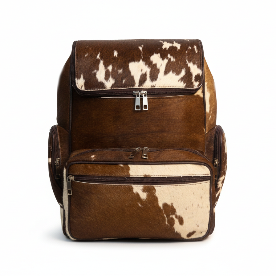 Cowhide Backpack Bag - Chocolate Brown and White
