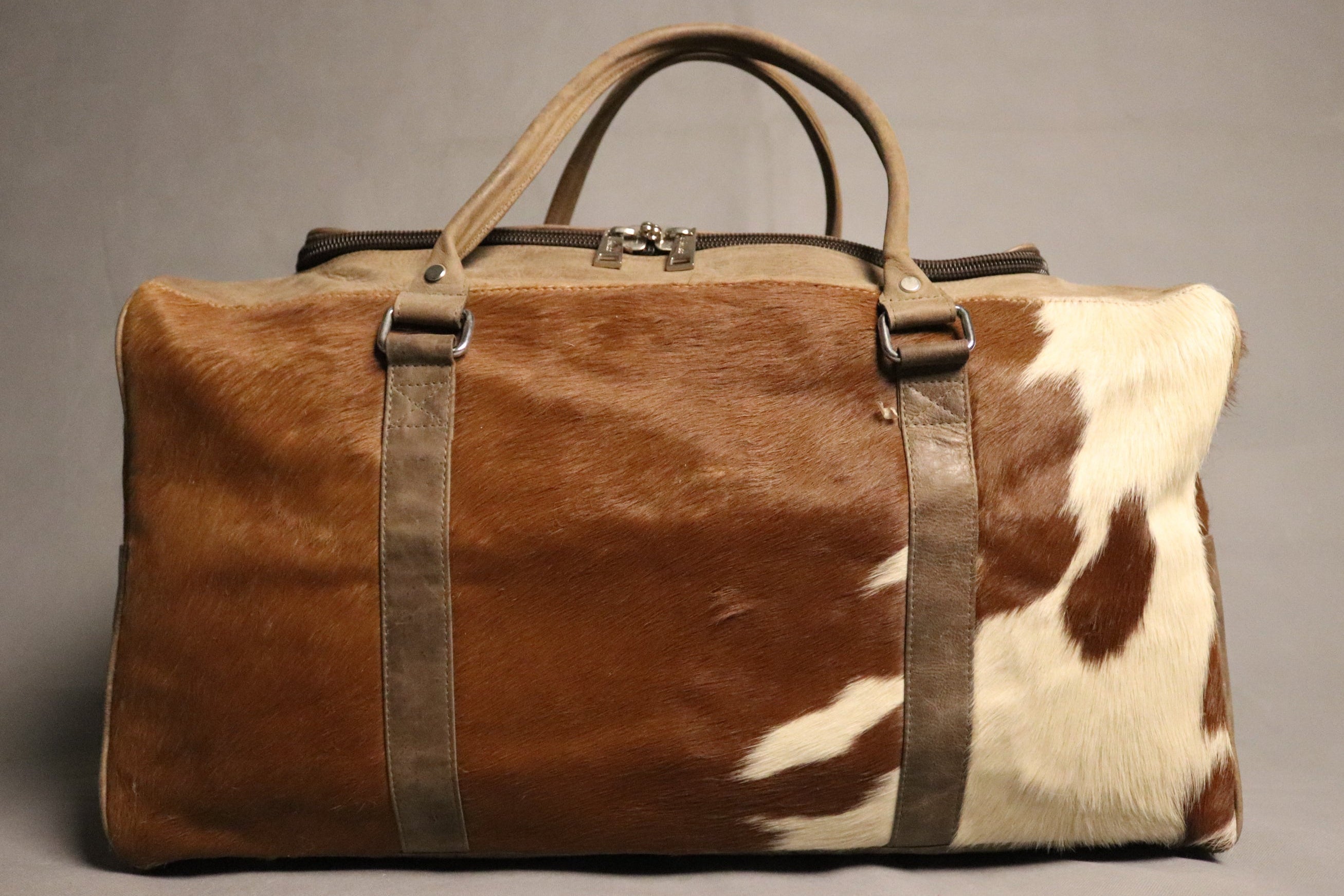Cowhide Duffel Bag - Brown and White
