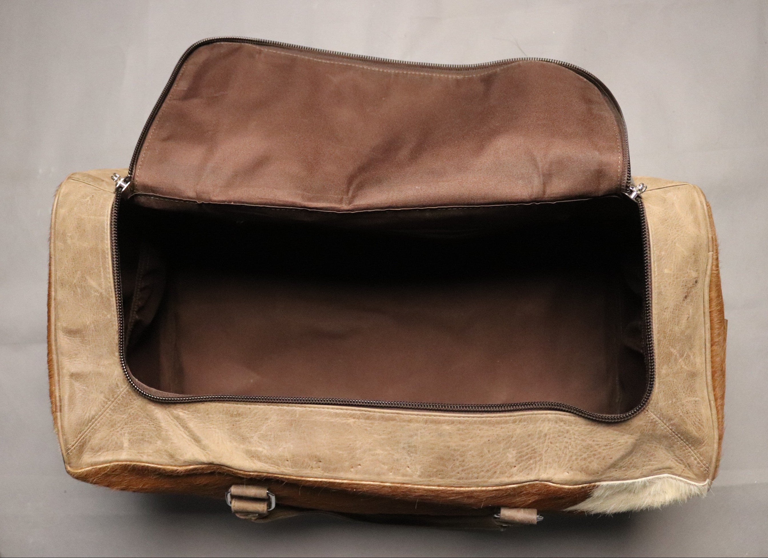 Cowhide Duffel Bag - Brown and White