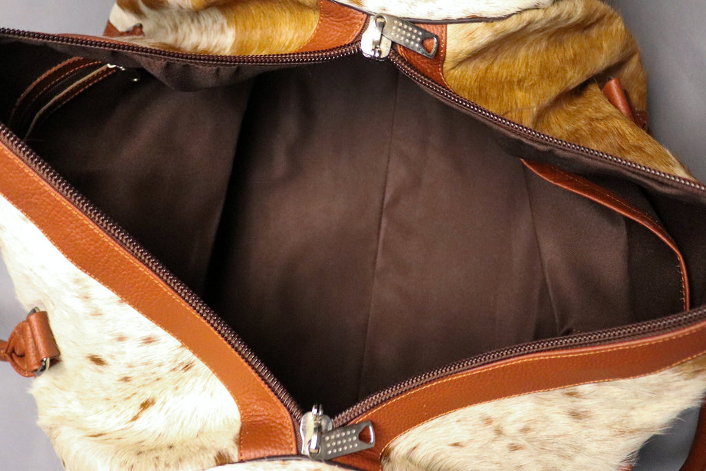 Cowhide Duffel Bag - Brown and White