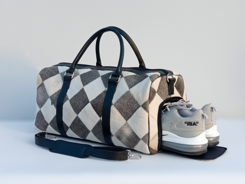 Cowhide Patchwork Duffel Bag - Grey and White Color