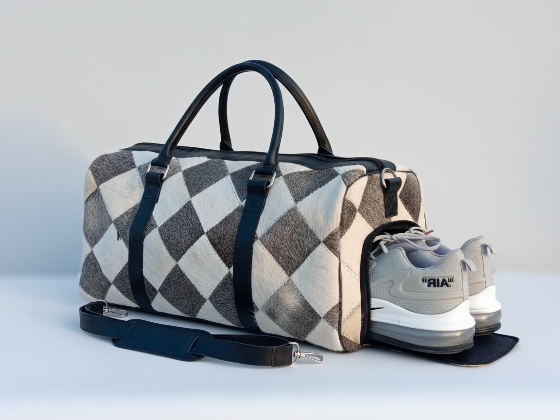 Cowhide Patchwork Duffel Bag - Grey and White Color