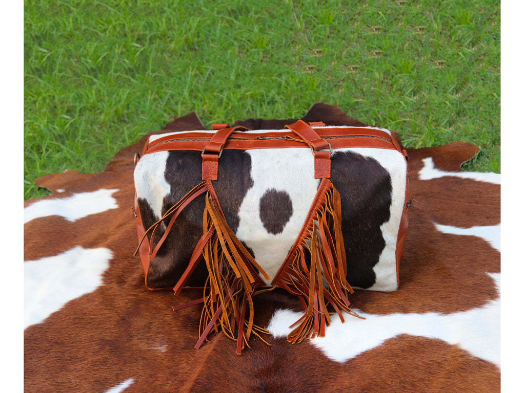 Duffel Bag with Fringe Tassels – Chocolate Brown and White