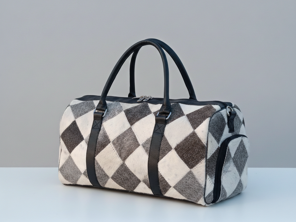 Cowhide Patchwork Duffel Bag - Grey and White Color