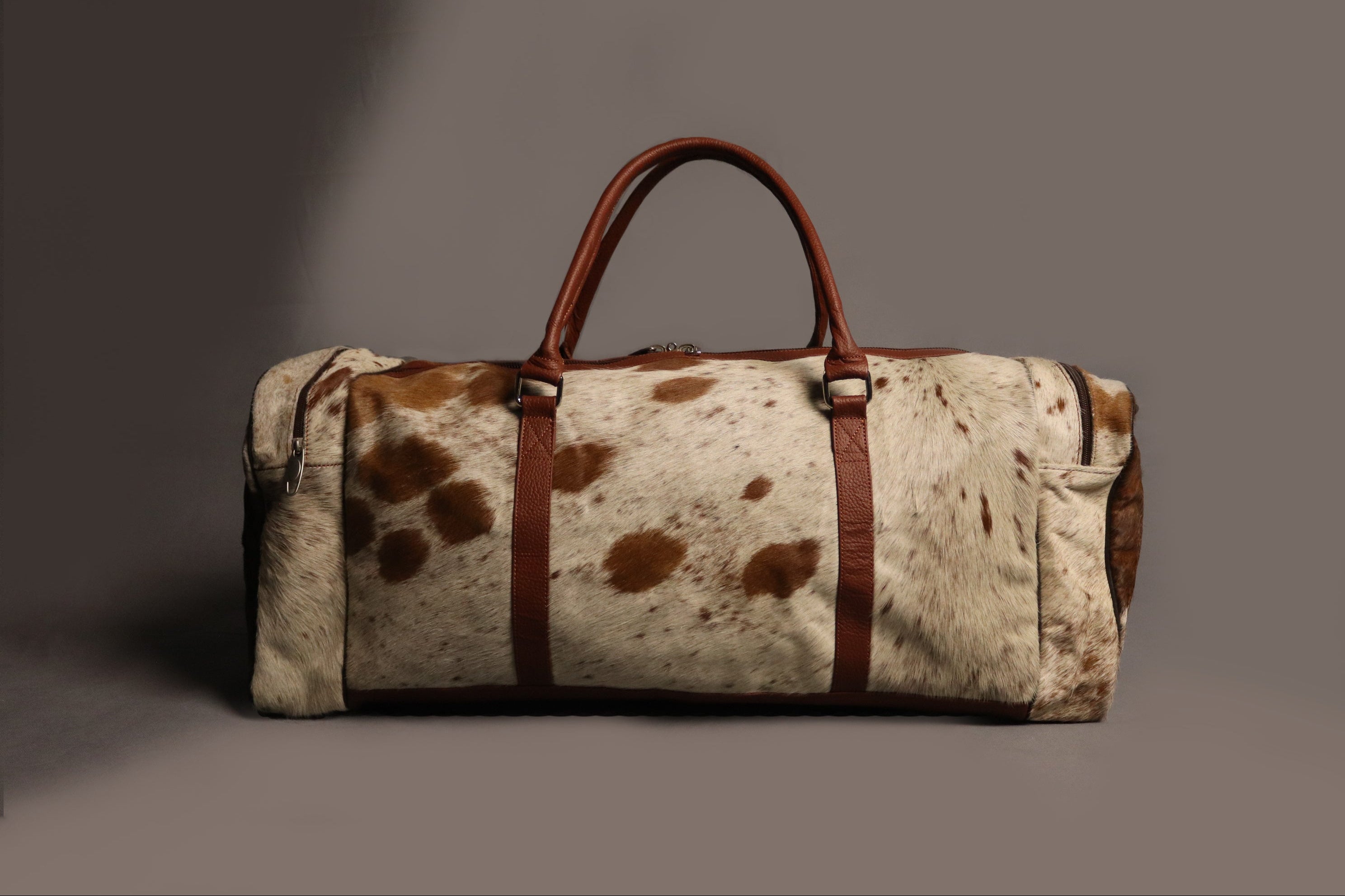 Cowhide Duffel Bag - Brown and White