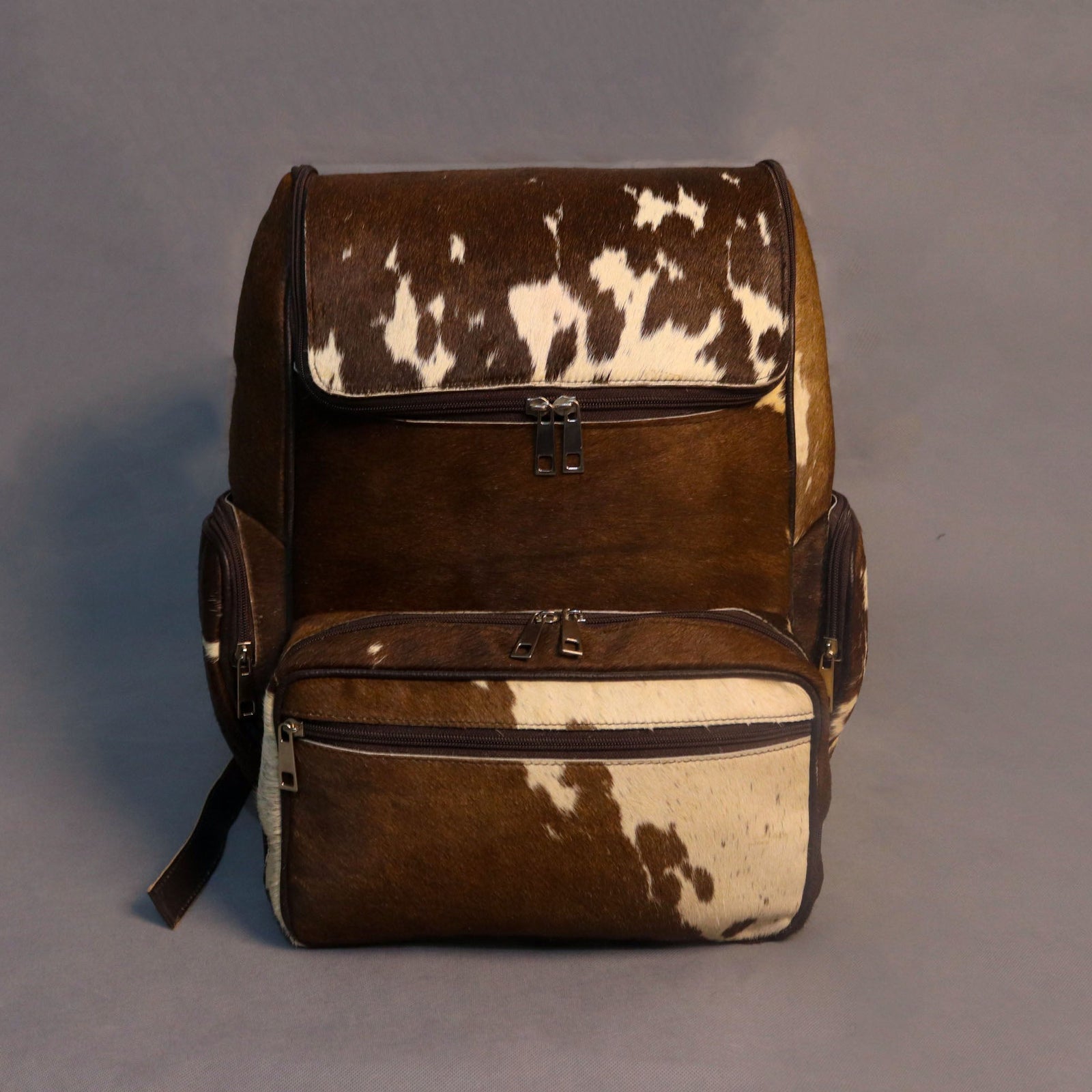 Cowhide Backpack Bag - Chocolate Brown and White