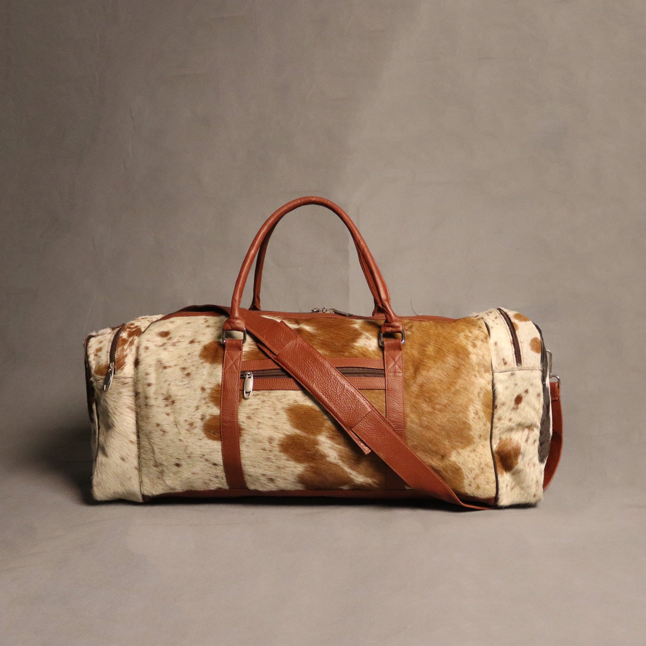 Cowhide Duffel Bag - Brown and White