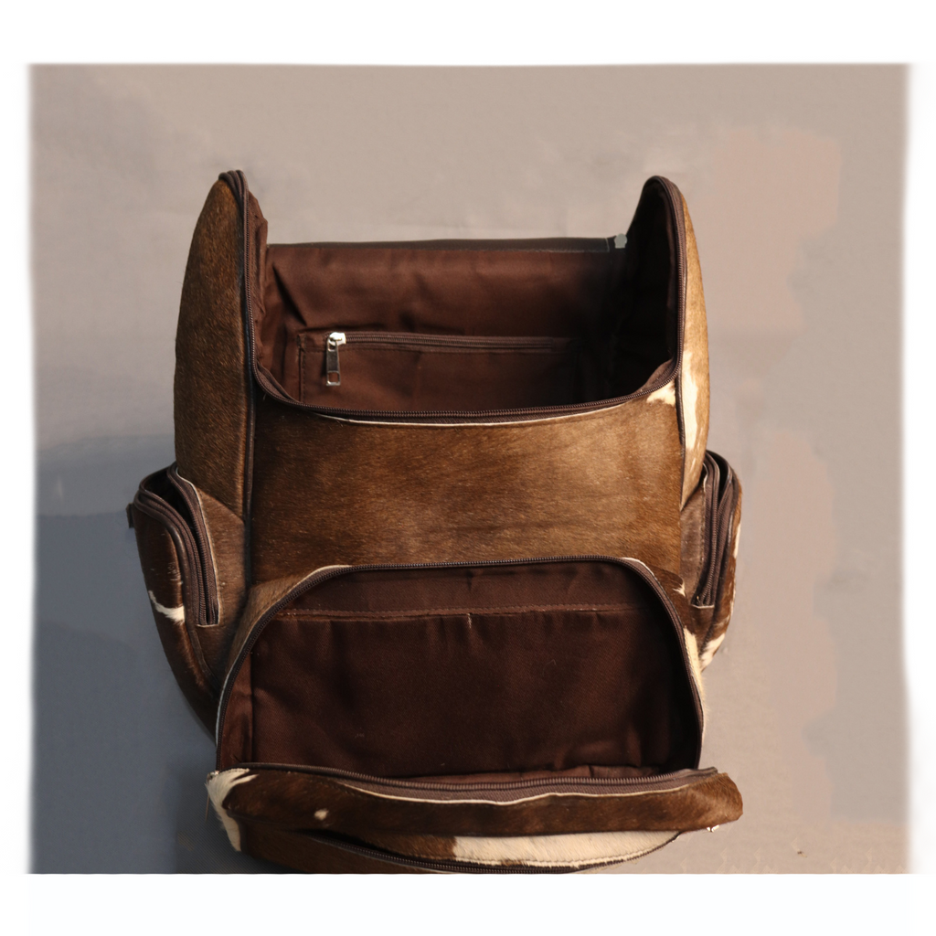 Cowhide Backpack Bag - Chocolate Brown and White